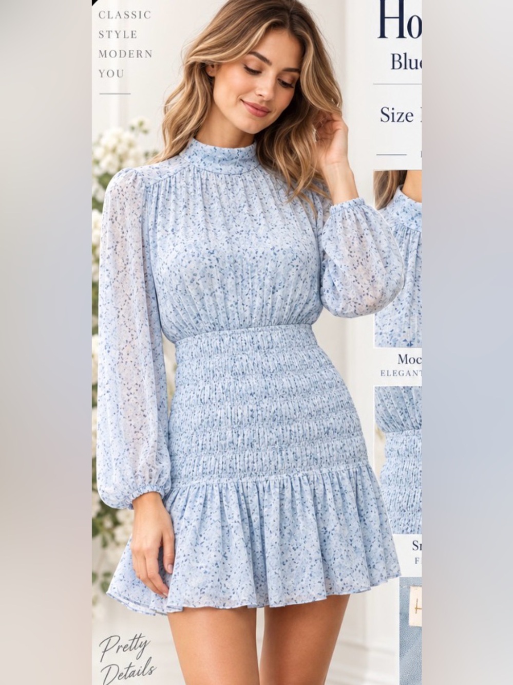 House of Harlow 1960 Blue Floral Smocked Mini Dress – Size L